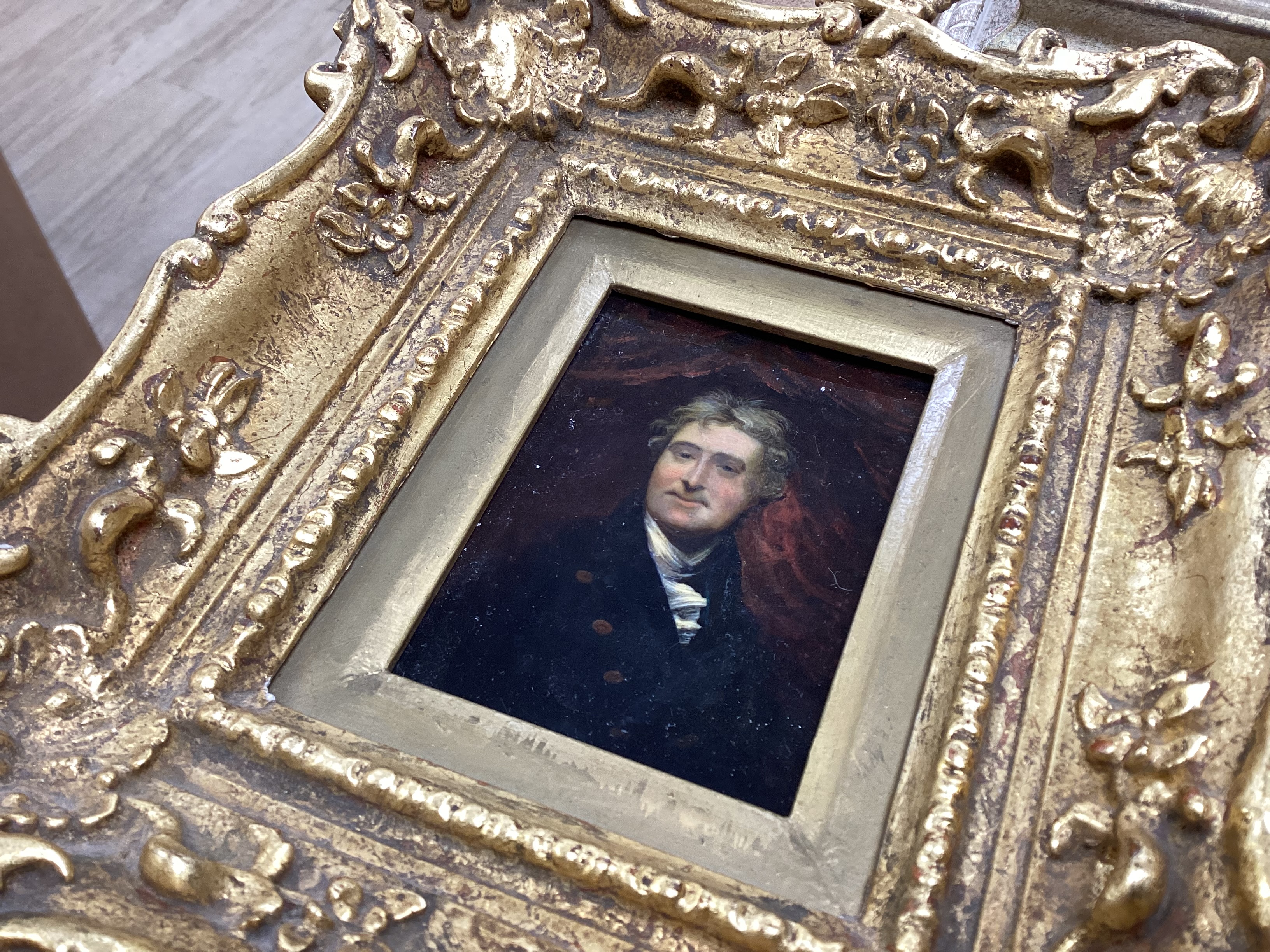 B. F. Scott (18th/19th. C), oil on board, Portrait of Sir David Erskine, 11th Earl of Buchan (1742-1829), inscribed Cider House Galleries label verso, 9 x 6cm, ornate gilt frame